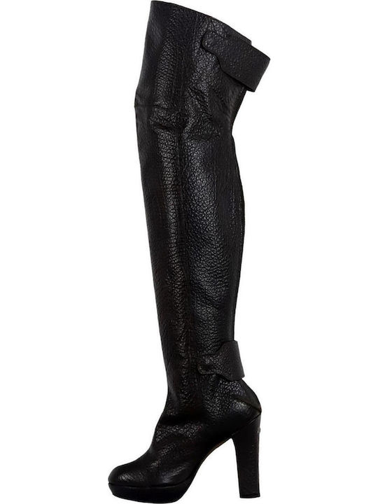 Leder Damenstiefel Über dem Knie Schwarz