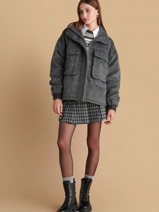 Women's Gray Peacoat with Zipper