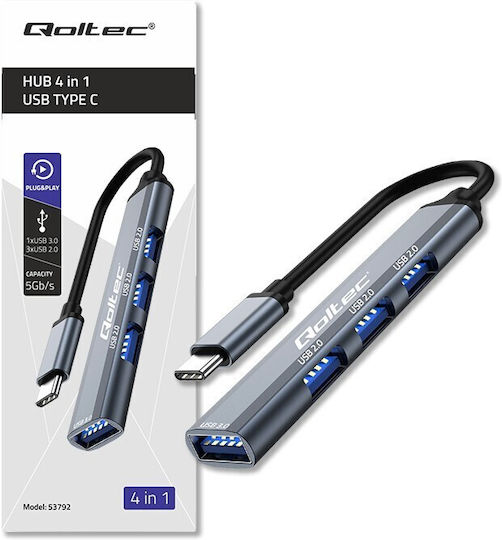 Qoltec Hub 3 Θυρών USB 3.0 με σύνδεση USB-C Γκρι