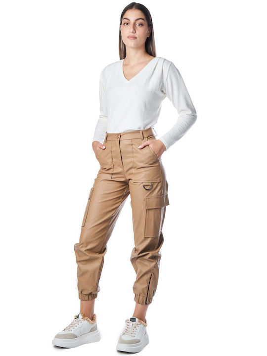 Women's High-waisted Fabric Cargo Trousers Beige