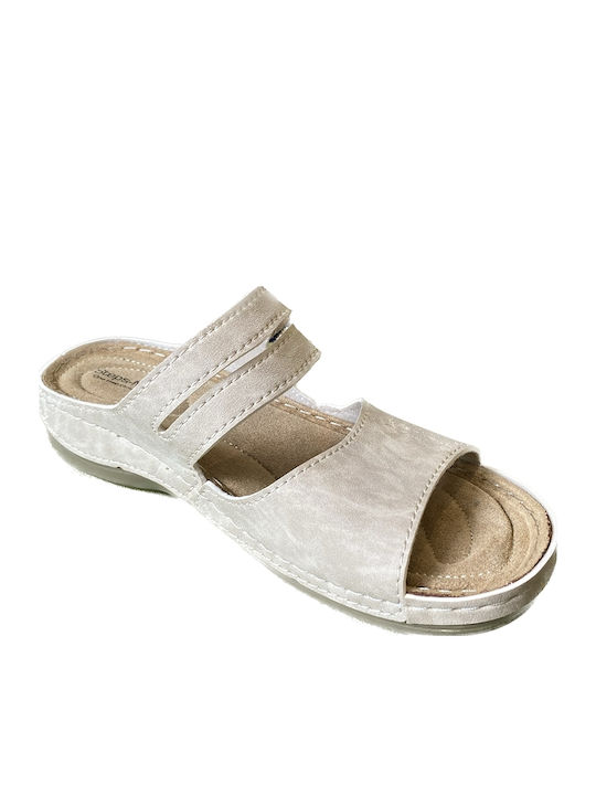 Leder Flache Sandalen für Damen Anatomisch in Beige Farbe