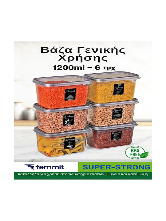 Femmit Комплект 6 Бройки Вази За Обща Употреба 1200 Мл С Херметически Затворен Капак Пластмаса