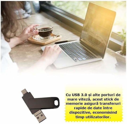 Siks 4 în 1 Stick de Memorie Metalic Capacitate 128 Gb Usb 3.0 Type-C Usb C Lightning 360⁰ Rotativ Impermeabil Compatibil cu Telefoane Dispozitive Porturi Type C Lightning Usb C Compatibilitate Otg Viteză Mare Negru