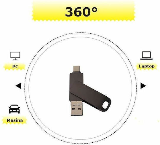 Siks 4 în 1 Stick de Memorie Metalic Capacitate 128 Gb Usb 3.0 Type-C Usb C Lightning 360⁰ Rotativ Impermeabil Compatibil cu Telefoane Dispozitive Porturi Type C Lightning Usb C Compatibilitate Otg Viteză Mare Negru