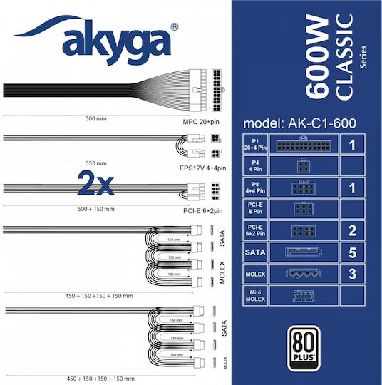 Akyga AK-C1-600 ATX PRO SERIES 600W Black Computer Power Supply Full Wired