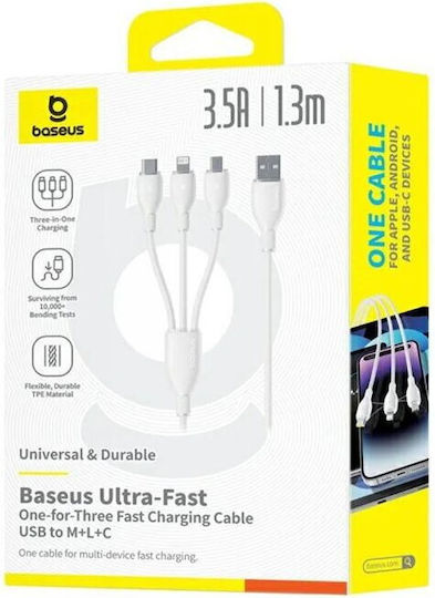 Baseus Retractable USB to Lightning / Type-C / micro USB 1.3m 3.5A Cable White (P10376303211-00)