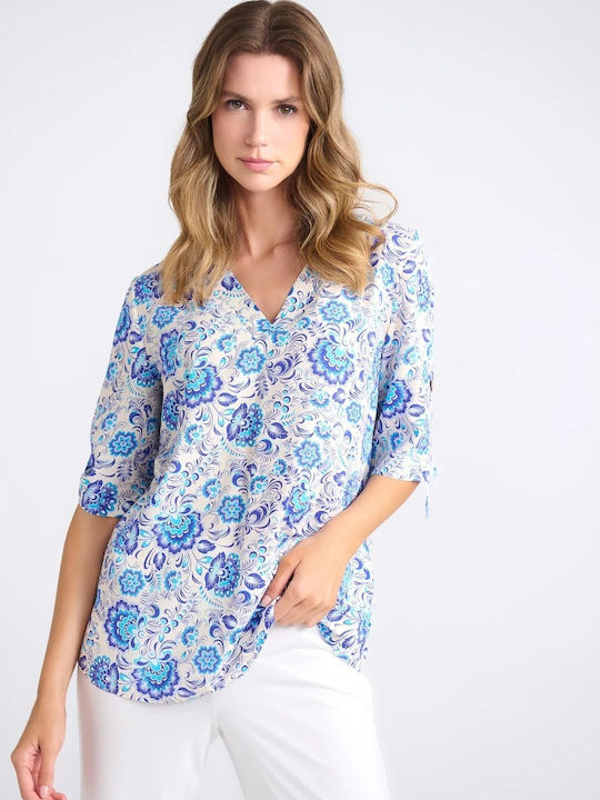 Women's Blouse with 3/4 Sleeve & V Neckline Royal Blue