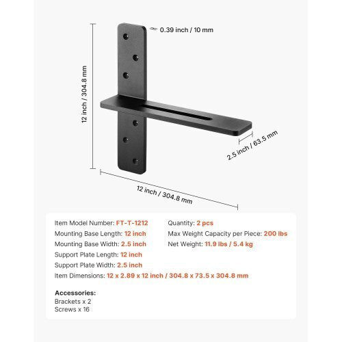 Vevor 2 Pcs Shelf Brackets 12 Inch 304.8 Mm Heavy Duty Floating Shelf Brackets