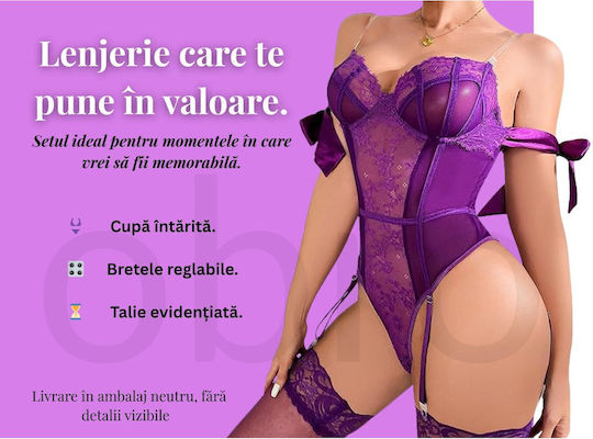 Set De Lenjerie Sexy Intimă Pentru Femei Corset Modelator Body Push-up Dantelă Violet