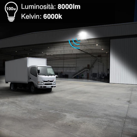 Bakaji Στεγανός Προβολέας LED 100W Ψυχρό Λευκό 6000K με Αισθητήρα Κίνησης και Φωτοκύτταρο IP65