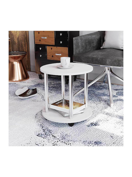 Round Side Table Wooden with Wheels White M40xP40xH41.5cm