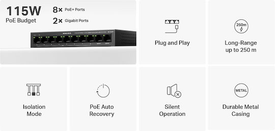 Mercusys MS110CMP v1 L2 PoE+ Switch cu 8 Porturi Gigabit (1Gbps) Ethernet