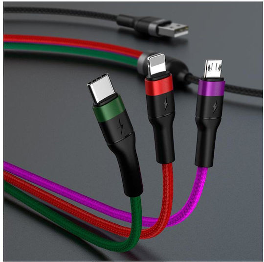 Kakusiga Braided USB to Lightning / Type-C / micro USB Cable Μαύρο 1.2m (KSC-481/BLACK)