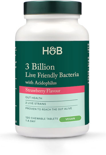 Holland & Barrett 3 Billion Live Friendly Bacteria Probiotice 120 tablete masticabile Căpșună