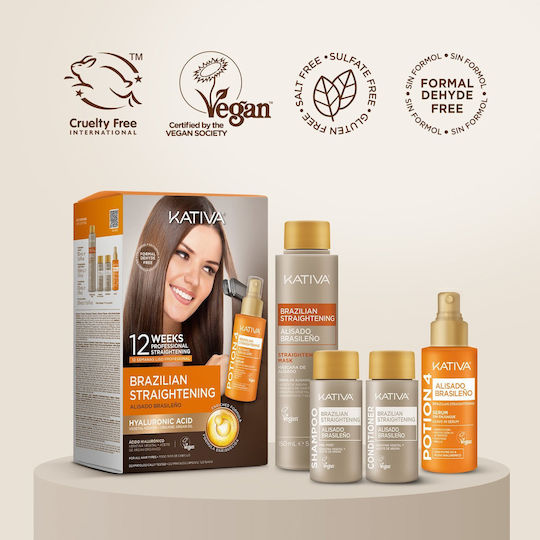 Kativa Brazilian Straightening Keratin Treatment Set for Straightening for All Types with Shampoo, Mask & Conditioner 4 Pieces