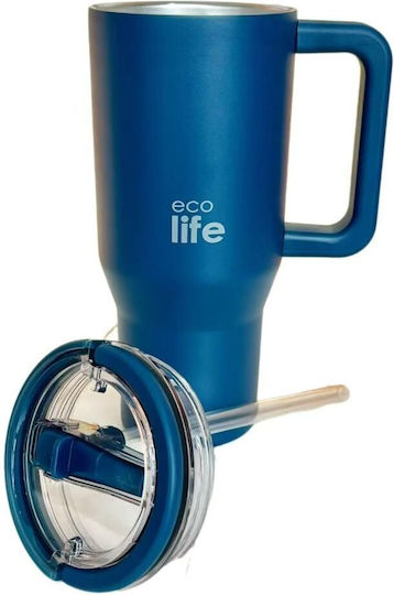 Ecolife Recyclable Handled Tumbler Thermos Stainless Steel BPA Free 900ml DOUBLE HANDLE with Straw and Handle
