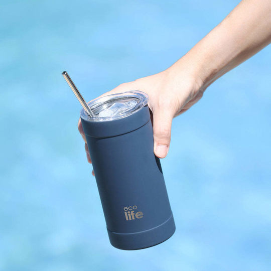 Lifegreen Glass Thermos Stainless Steel / Aluminum / Plastic BPA Free 500ml Straw Sapphire Blue with Straw