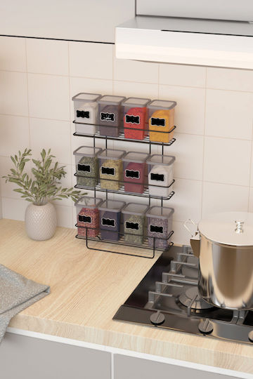 Femmit Spice Set 12 Pieces Metallic Rack – Spice Jars 450ml Lid Spoon Self-Adhesive Placement or Screws
