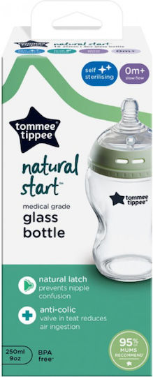 Tommee Tippee Glass Baby Bottle Closer To Nature Anti-Colic with Silicone Nipple for 0+, 0+ m, months Green 250ml