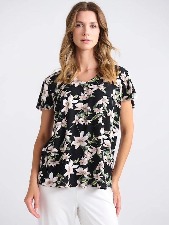 Women's Blouse Short Sleeve with V Neckline Floral Black