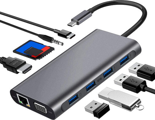 ATC USB-Hub 11 Anschlüsse USB 3.0 mit USB-A / Ethernet Grau