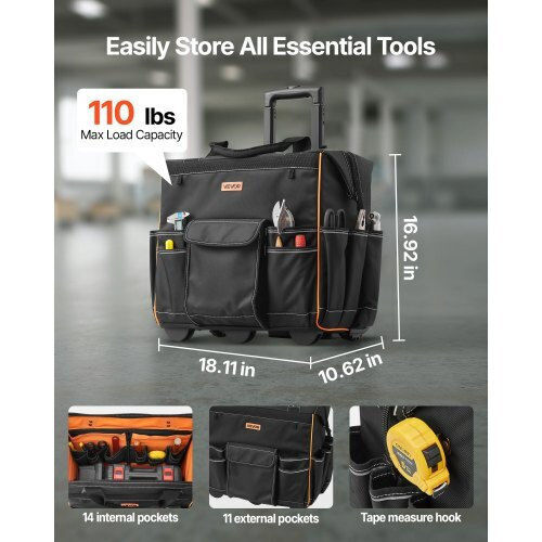 Vevor Rolling Tool Bag 25 Pockets Heavy Duty Roller Tool Bag Telescoping Handle