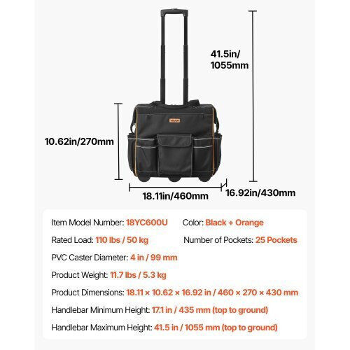 Vevor Rolling Tool Bag 25 Pockets Heavy Duty Roller Tool Bag Telescoping Handle
