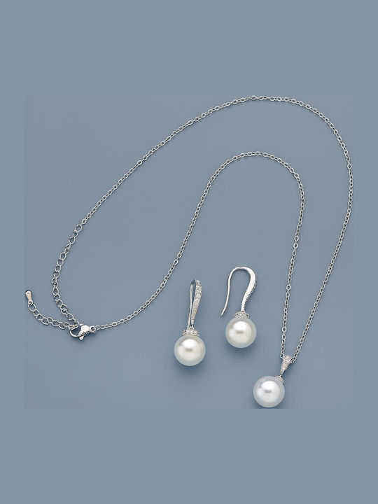 White Pearl Jewelry Set with Pearls and Stones