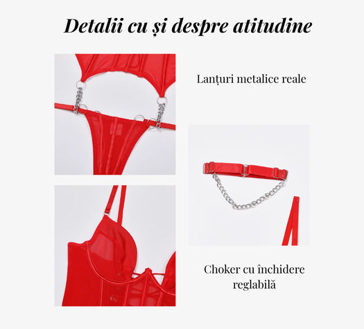 Sexy Lingerie Set Transparent Corset Choker Metal Chains Adjustable Back Red