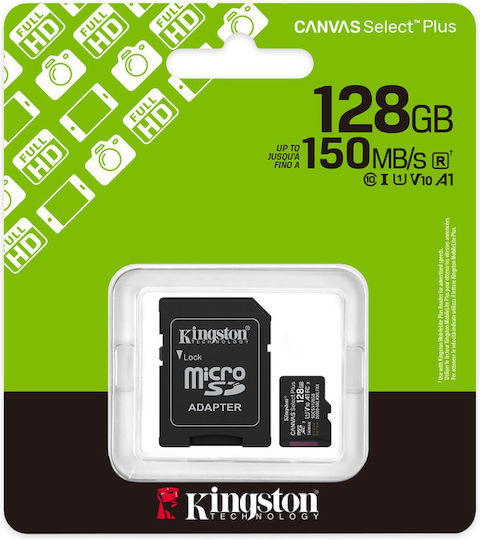 Kingston Canvas Select Plus microSDHC 128GB U1 V10 A1 UHS-I 150MB/s με αντάπτορα