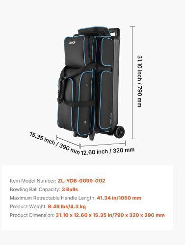 Vevor 3 Ball Bowling Bag Wheels Double Roller Bowling Bag Shoe Compartments