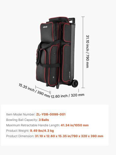 Vevor 3 Ball Bowling Bag Wheels Double Roller Bowling Bag Shoe Compartments