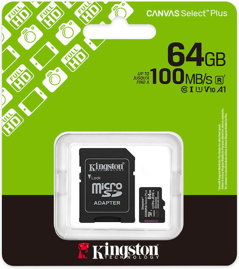 Kingston Canvas Select Plus microSDHC 64GB U1 V10 A1 UHS-I 100MB/s with Adapter