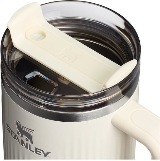 Stanley Quencher H2.0 Fluted Handled Tumbler Thermos Stainless Steel BPA Free 1.18lt Cream Gloss with Straw and Handle