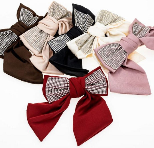 Satin Glam Bow Strass & Metal Clip Golden Beige