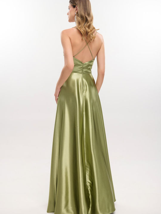 Summer Maxi Dress for Wedding Christening Satin Olive Green