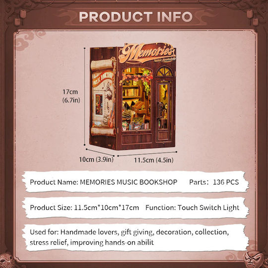 Cutebee Book Nook Kit DIY Memories Music Bookshop 136pcs + LED Light