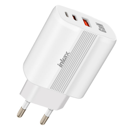 Inkax Зарядно без кабел GaN с USB-A порт и USB-C порт 45W Power Delivery Бял