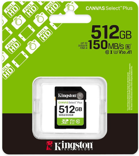 Kingston Canvas Select Plus 512GB U3 V30 UHS-I 150MB/s με αντάπτορα
