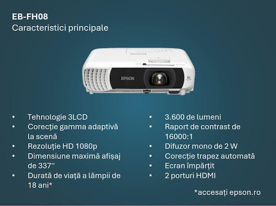 Epson EB-FH08 V11HB54040 Projector 3LCD Full HD με Ενσωματωμένα Ηχεία