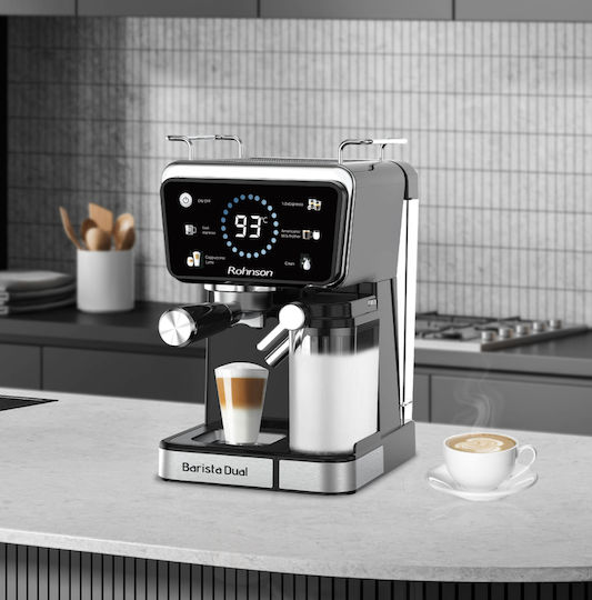 Rohnson Barista Dual Automatic Espresso Machine 1350W Pressure 20bar for Cappuccino Black