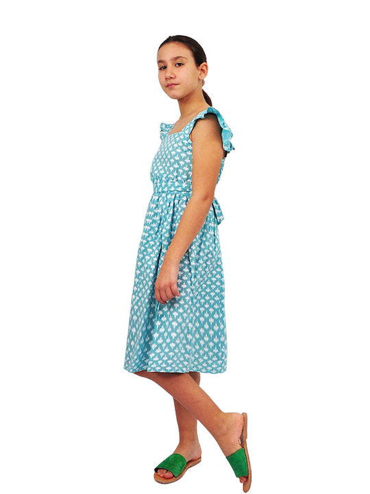 Mädchenkleid Kurzärmelig Blumen Set aus 2 mit Zubehör Türkis