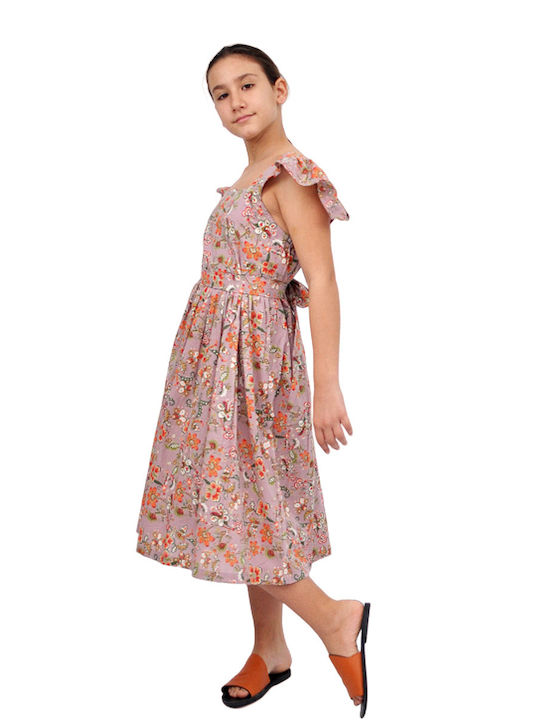 Mädchenkleid Kurzärmelig Blumen Set mit Zubehör Rosa