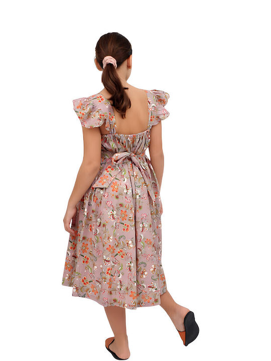 Mädchenkleid Kurzärmelig Blumen Set mit Zubehör Rosa
