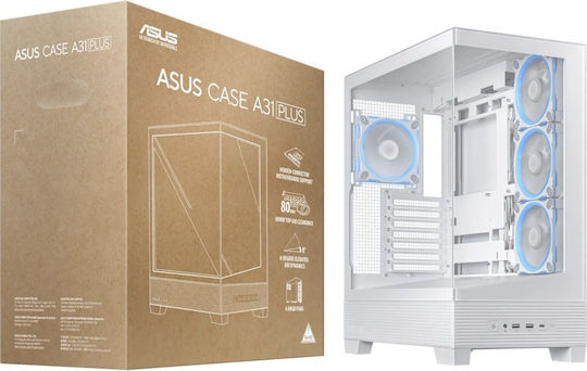 Asus A31 PLUS Gaming Midi-Turm Computergehäuse mit Seitenfenster und ARGB-Beleuchtung Weiß