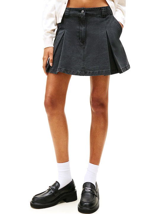 Denim Pleated Mini Skirt Black