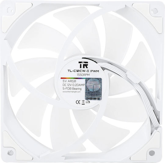 Thermalright TL-C12CW-S Вентилатор за кутия 120mm (1550rpm / 66.17cfm) с ARGB осветление и 4-изводна PWM връзка Бял