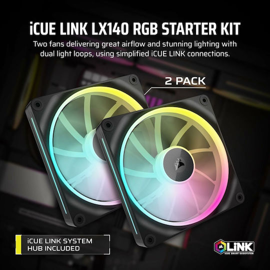 Corsair iCue Link LX140 Case Fan (2000rpm / 84.7cfm) με RGB Φωτισμό και Σύνδεση 4-Pin PWM 2τμχ