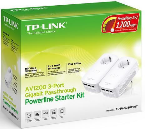 TP-LINK TL-PA8030P KIT v1 Powerline Double Wired with Passthrough Socket and 3 Gigabit Ethernet Ports
