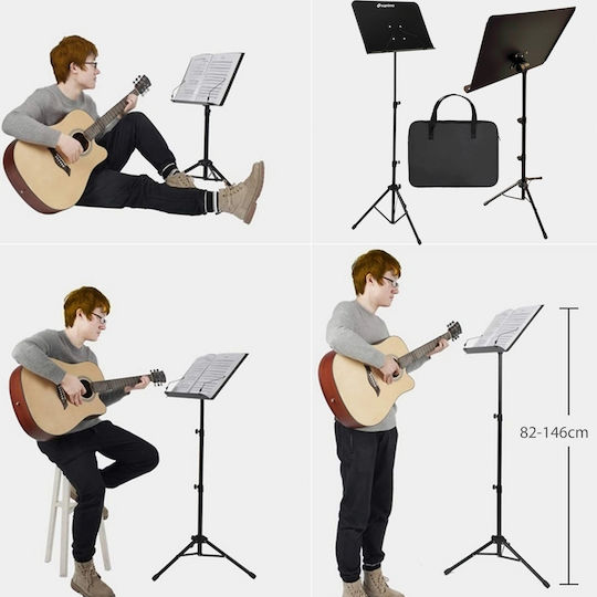 Suprimo D3 Set Music Stand Sheet Holder Adjustable Foldable Black Gig Bag Set 82-146 cm Up to 10 kg + Cover Foldable Tripod Orchestra Music Stand Sheet Music Carrying Case 820 1460 mm